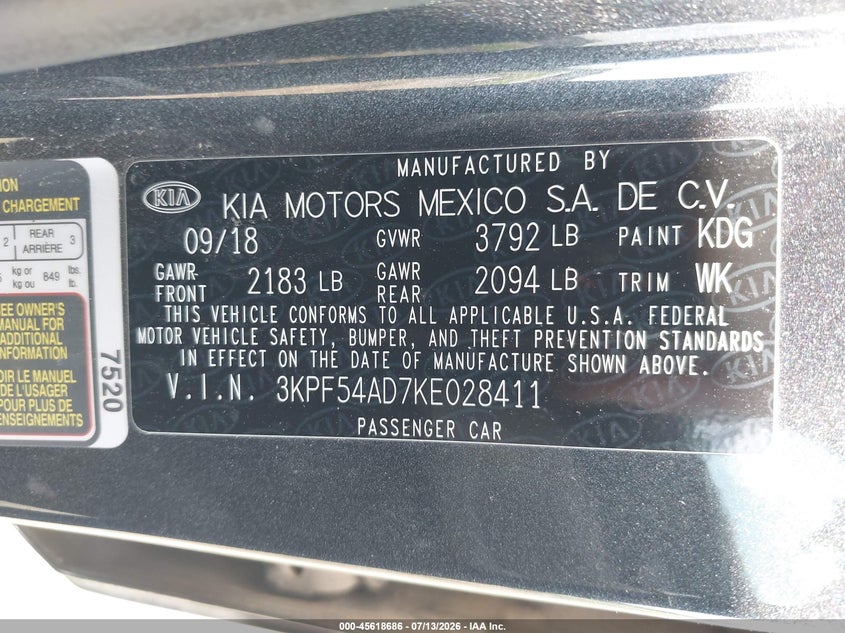 2019 Kia Forte Ex VIN: 3KPF54AD7KE028411 Lot: 45618686