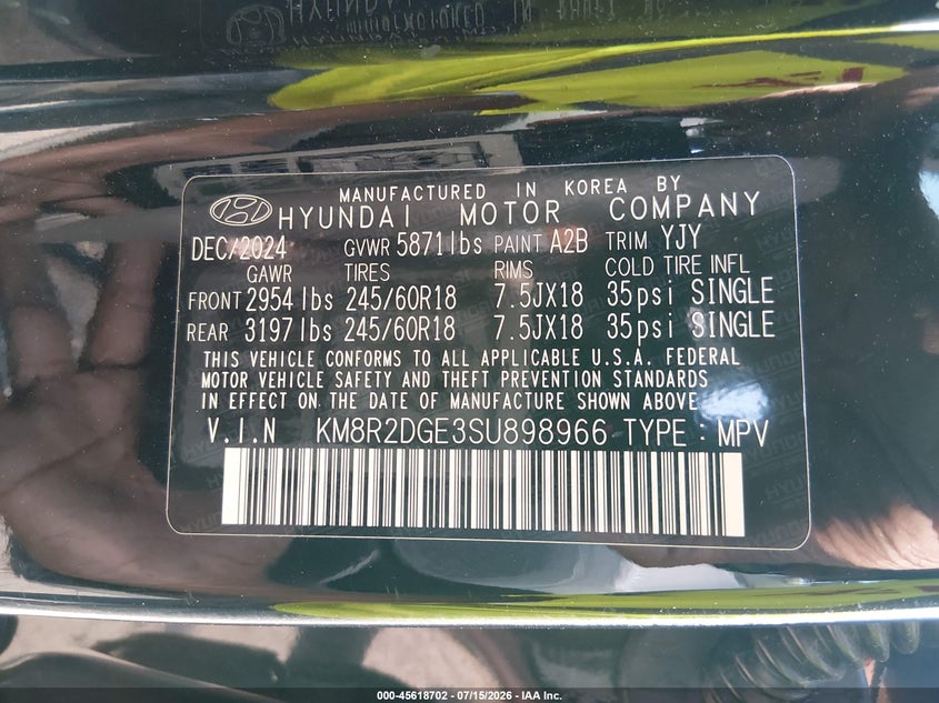 2025 Hyundai Palisade Sel VIN: KM8R2DGE3SU898966 Lot: 45618702