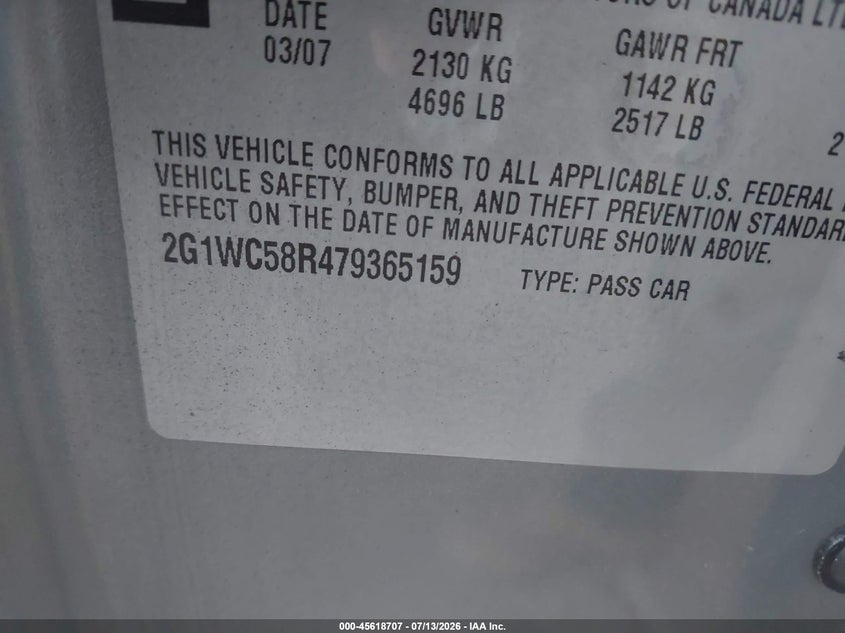 2007 Chevrolet Impala 3.9L Lt VIN: 2G1WC58R479365159 Lot: 45618707