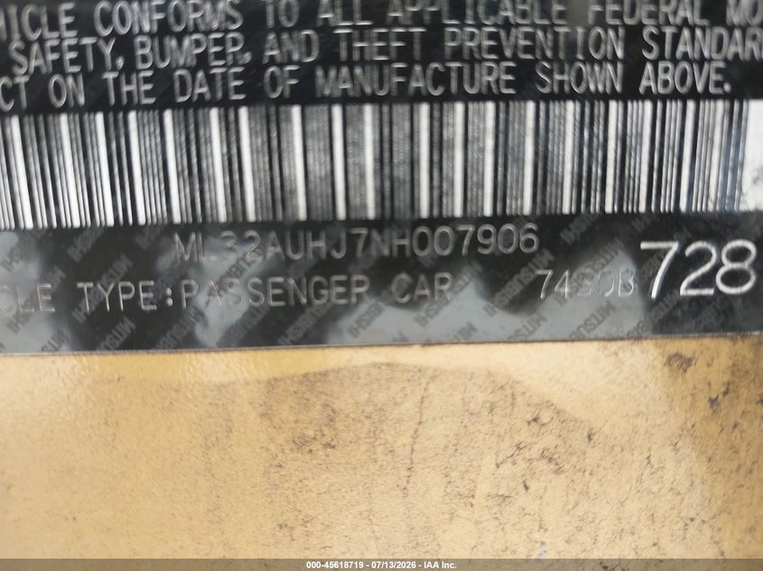 2022 Mitsubishi Mirage Es/Le VIN: ML32AUHJ7NH007906 Lot: 45618719