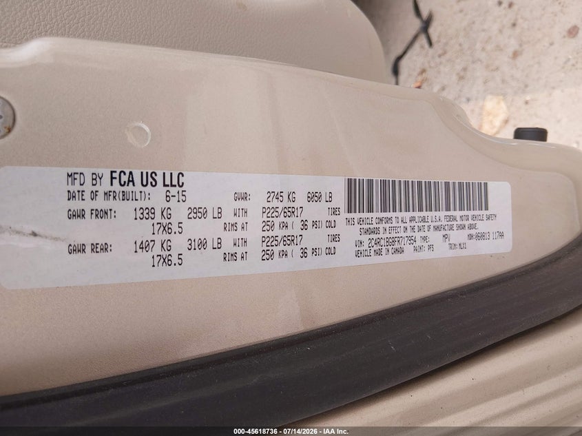 2015 Chrysler Town & Country Touring VIN: 2C4RC1BG8FR717954 Lot: 45618736