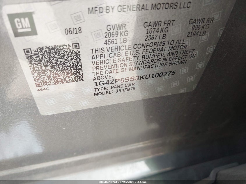 2019 Buick Lacrosse Fwd Essence VIN: 1G4ZP5SS3KU100275 Lot: 45618744
