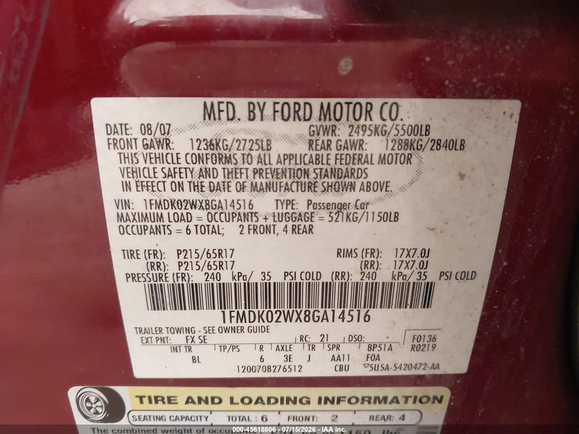 2008 Ford Taurus X Sel VIN: 1FMDK02WX8GA14516 Lot: 45618806