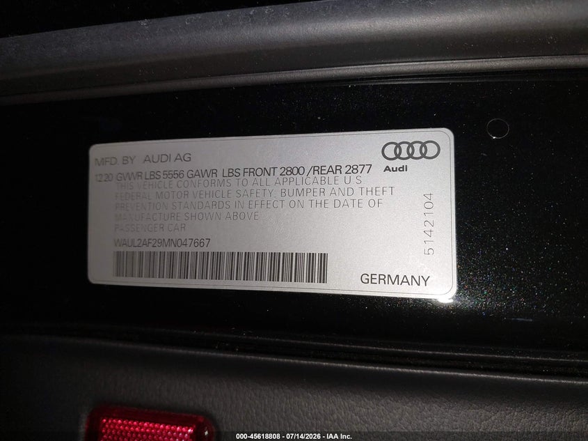 2021 Audi A6 Premium Plus 55 Tfsi Quattro S Tronic VIN: WAUL2AF29MN047667 Lot: 45618808