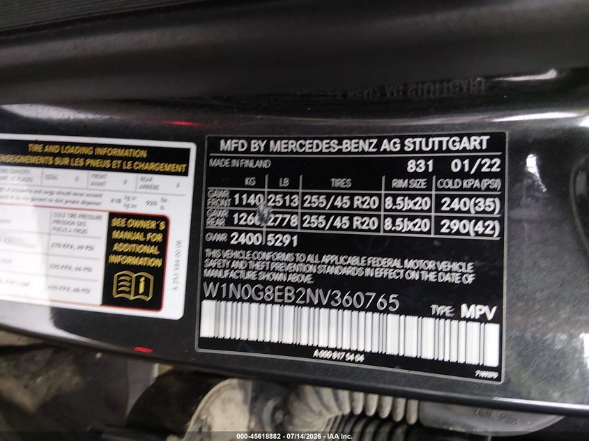 2022 Mercedes-Benz Glc 300 4Matic Suv VIN: W1N0G8EB2NV360765 Lot: 45618882