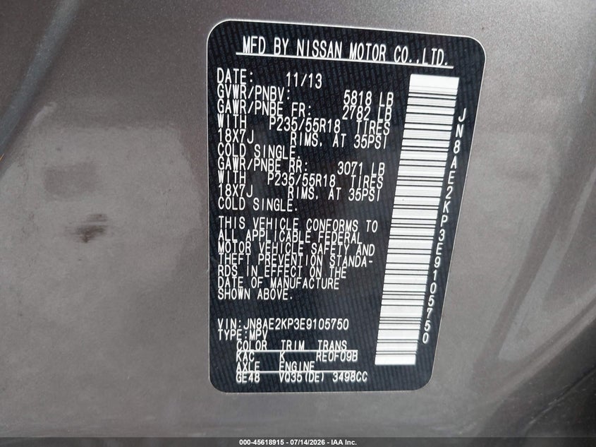 2014 Nissan Quest Sl VIN: JN8AE2KP3E9105750 Lot: 45618915