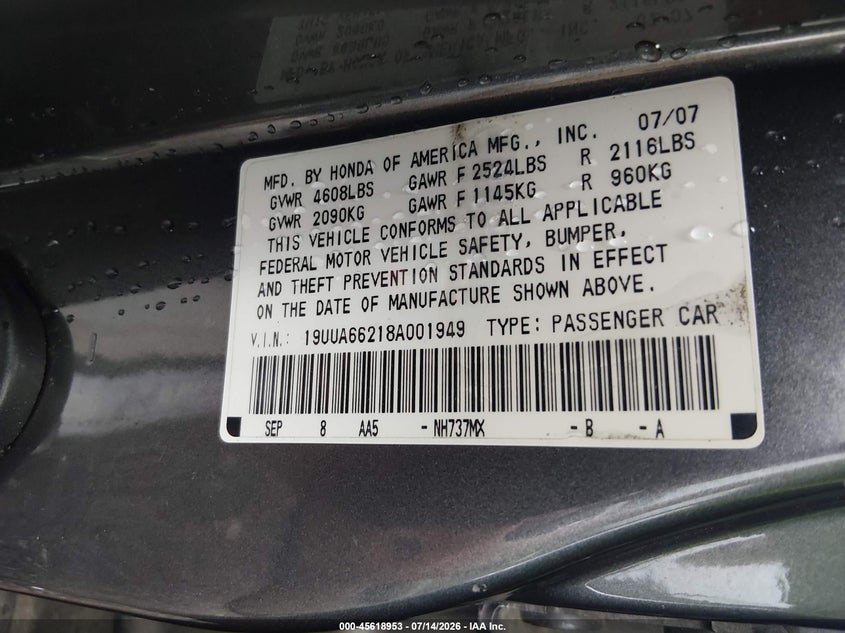 2008 Acura Tl 3.2 VIN: 19UUA66218A001949 Lot: 45618953