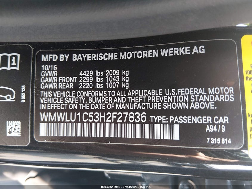 2017 Mini Clubman Cooper VIN: WMWLU1C53H2F27836 Lot: 45618956