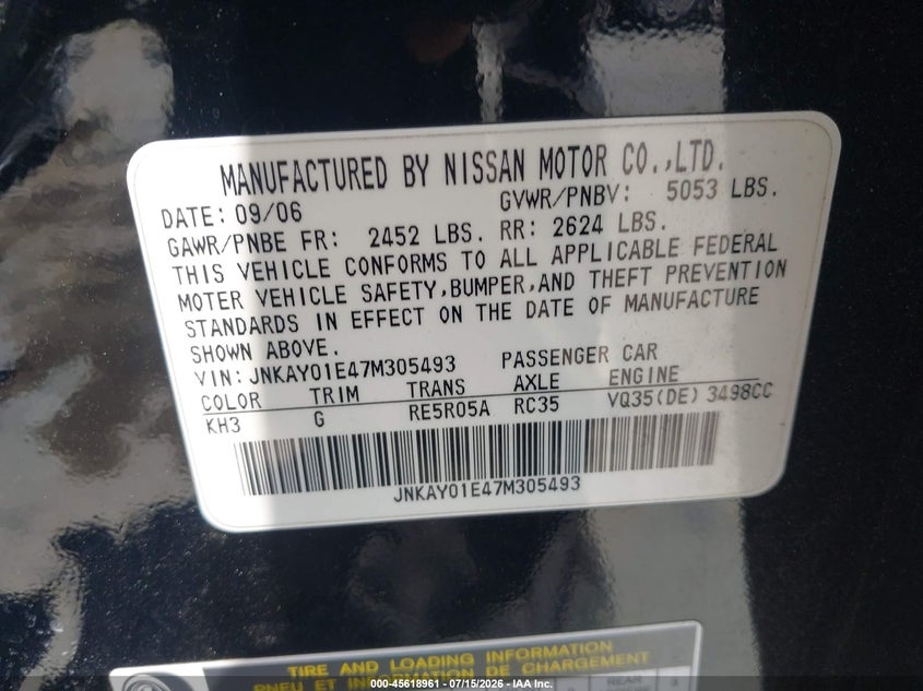 2007 Infiniti M35 VIN: JNKAY01E47M305493 Lot: 45618961