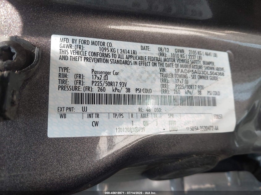 2013 Ford C-Max Hybrid Se VIN: 1FADP5AU3DL504368 Lot: 45618971