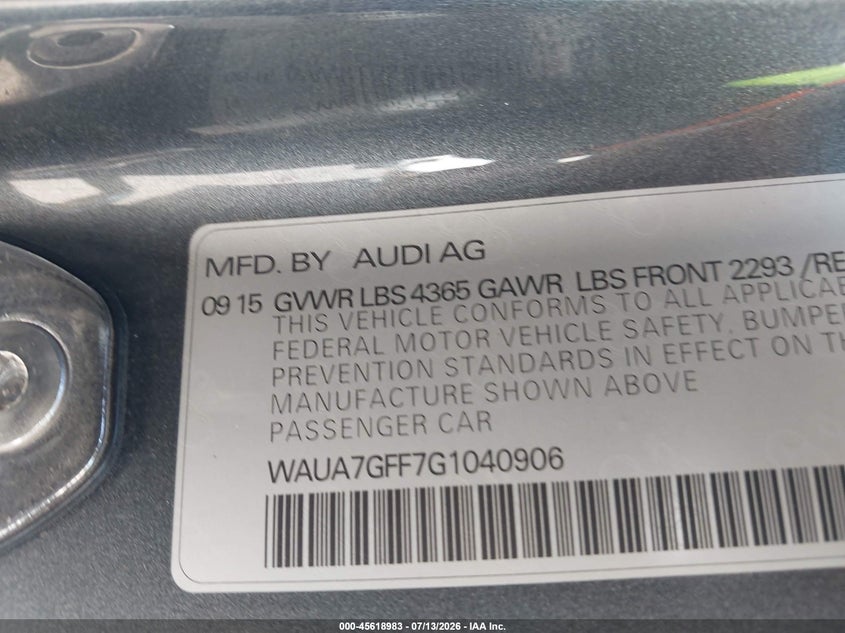 2016 Audi A3 1.8T Premium VIN: WAUA7GFF7G1040906 Lot: 45618983