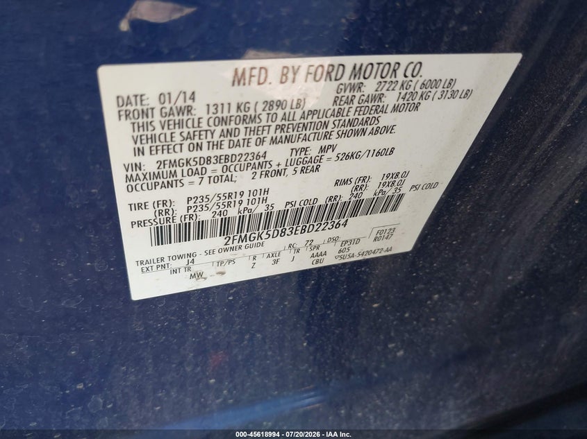 2014 Ford Flex Limited VIN: 2FMGK5D83EBD22364 Lot: 45618994