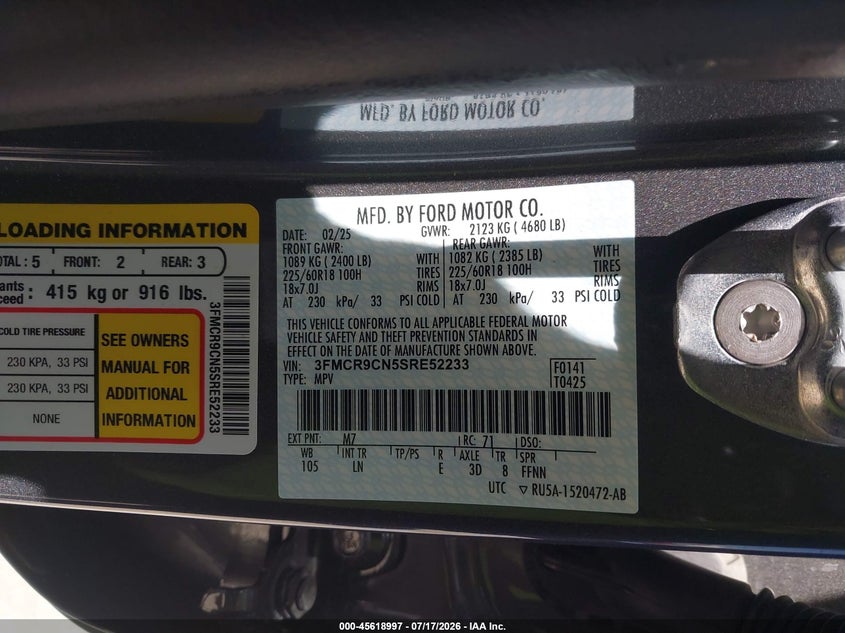 2025 Ford Bronco Sport Outer Banks VIN: 3FMCR9CN5SRE52233 Lot: 45618997