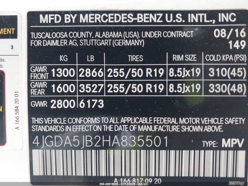2017 Mercedes-Benz Gle 350 VIN: 4JGDA5JB2HA835501 Lot: 45619000