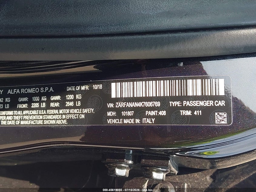 2019 Alfa Romeo Giulia Sport Awd VIN: ZARFANAN4K7606769 Lot: 45619055