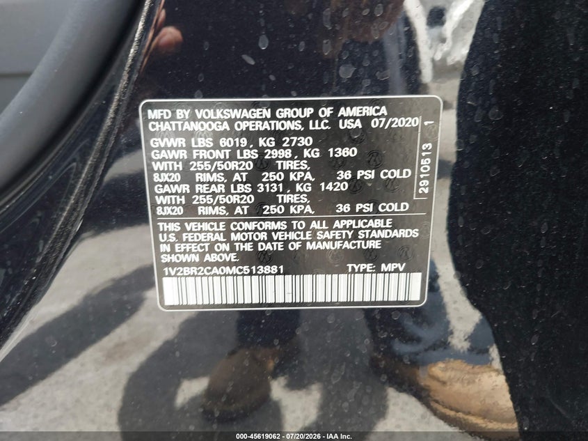 2021 Volkswagen Atlas 3.6L V6 Sel VIN: 1V2BR2CA0MC513881 Lot: 45619062