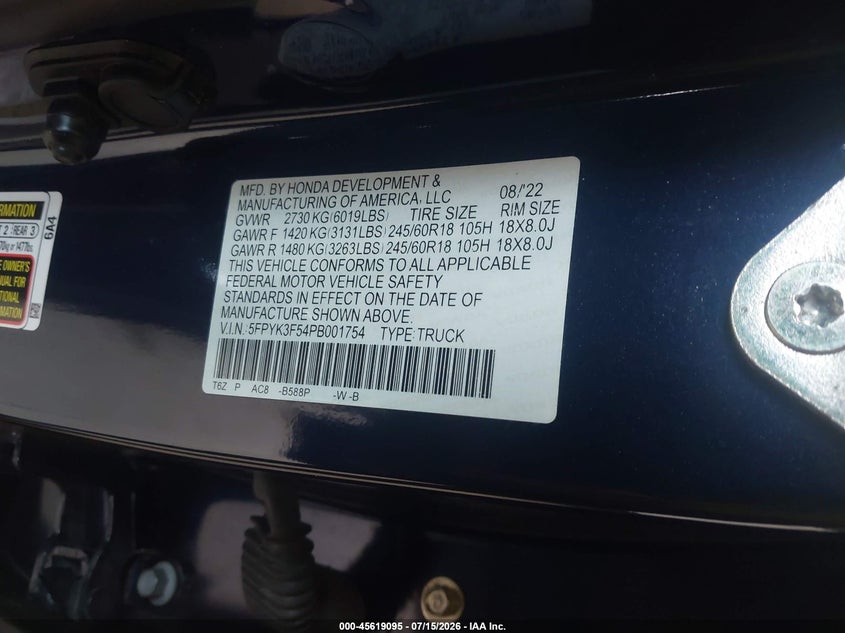 2023 Honda Ridgeline Rtl VIN: 5FPYK3F54PB001754 Lot: 45619095