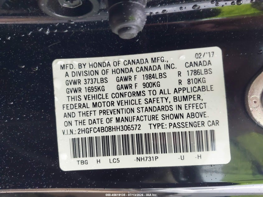 2017 HONDA CIVIC COUPE 2.0L I-4 DOHC, VVT, 158HP