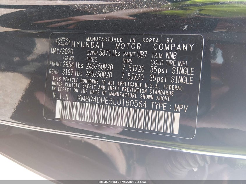 2020 Hyundai Palisade Sel VIN: KM8R4DHE5LU160564 Lot: 45619164