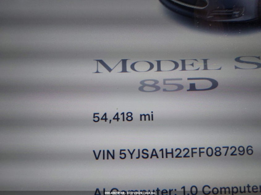 2015 Tesla Model S 70D/85D/P85D VIN: 5YJSA1H22FF087296 Lot: 45619169
