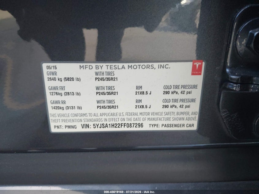 2015 Tesla Model S 70D/85D/P85D VIN: 5YJSA1H22FF087296 Lot: 45619169