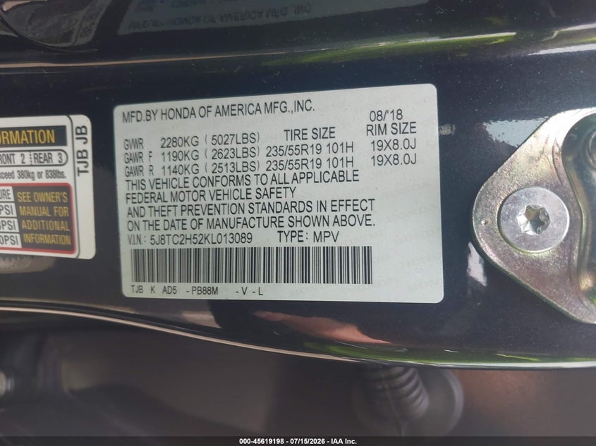 2019 Acura Rdx Technology Package VIN: 5J8TC2H52KL013089 Lot: 45619198