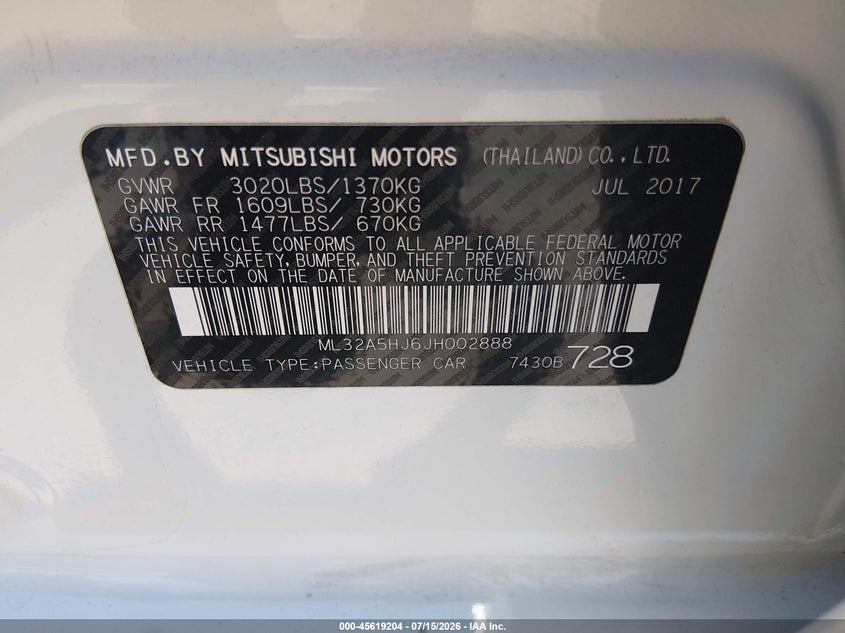 2018 Mitsubishi Mirage Gt VIN: ML32A5HJ6JH002888 Lot: 45619204