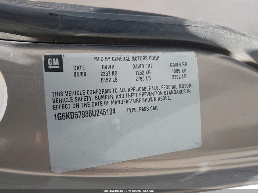 2006 Cadillac Dts 1Se VIN: 1G6KD57936U245104 Lot: 45619216