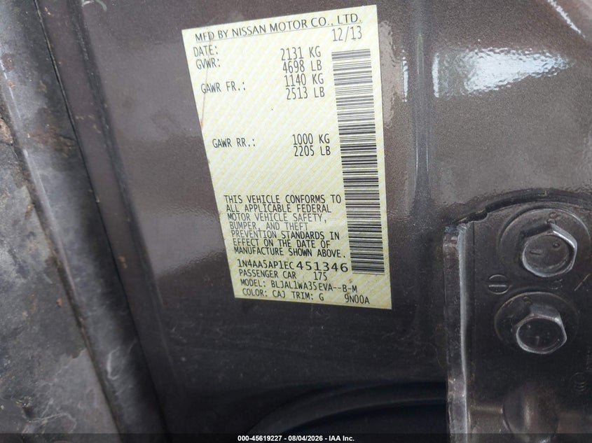 2014 NISSAN MAXIMA SEDAN 3.5L V-6 DOHC, VVT, 290HP
