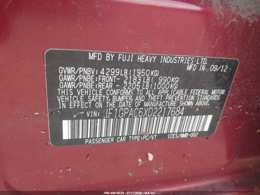 2013 Subaru Impreza 2.0I Premium VIN: JF1GPAC6XD2217684 Lot: 45619239
