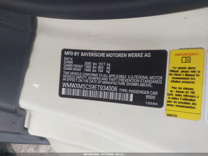 2014 Mini Hardtop Cooper VIN: WMWXM5C59ET934006 Lot: 45619245