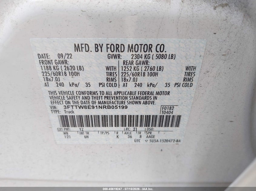 2022 Ford Maverick Lariat VIN: 3FTTW8E91NRB05199 Lot: 45619247