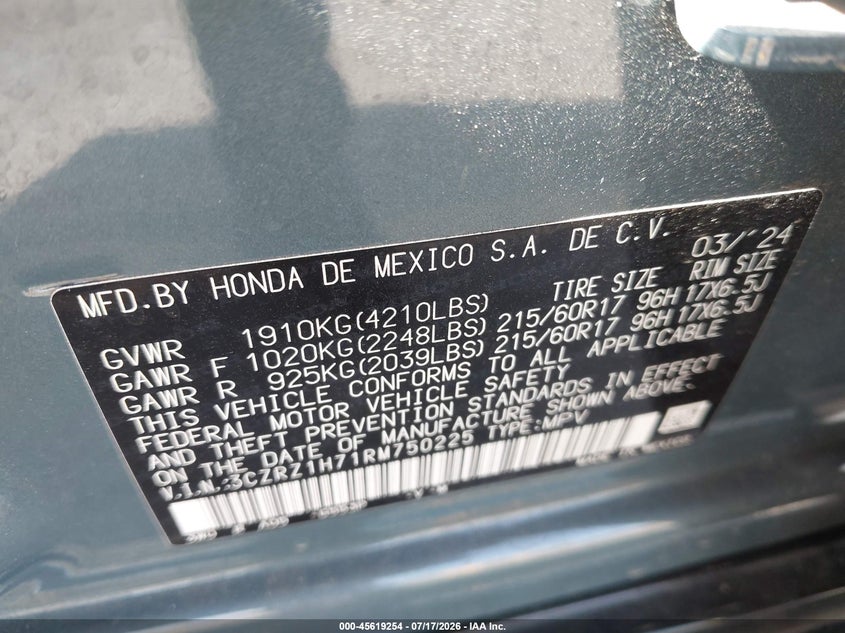 2024 Honda Hr-V 2Wd Ex-L/2Wd Ex-L W/O Bsi VIN: 3CZRZ1H71RM750225 Lot: 45619254