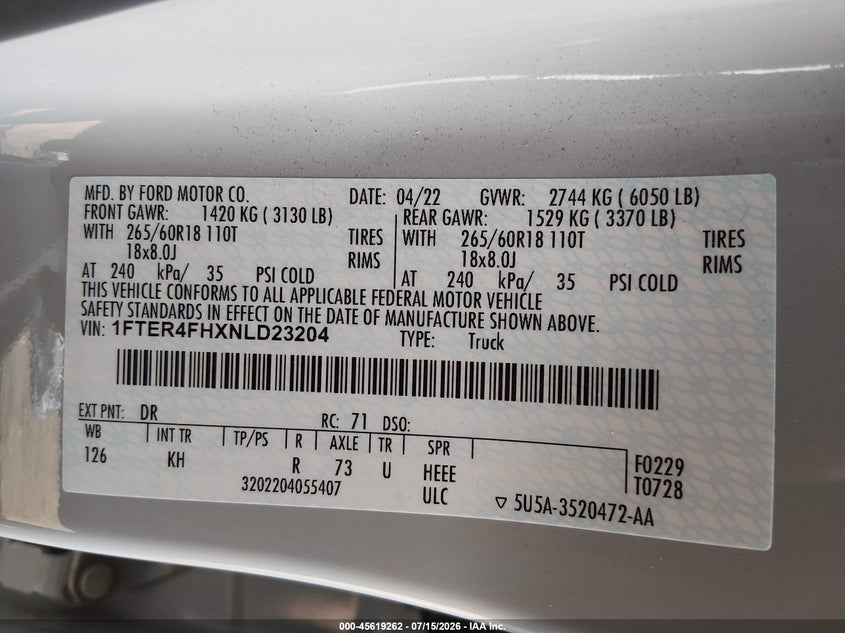 2022 Ford Ranger Lariat VIN: 1FTER4FHXNLD23204 Lot: 45619262