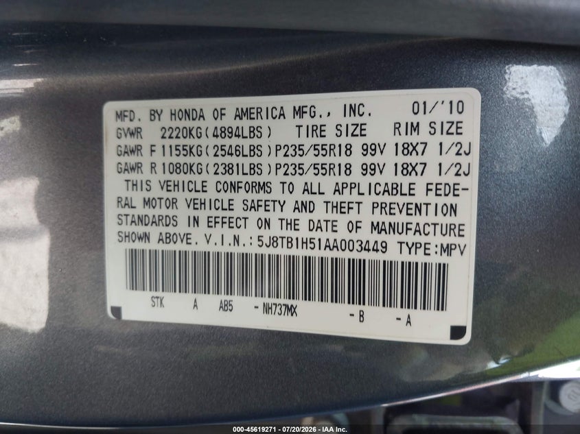 2010 Acura Rdx VIN: 5J8TB1H51AA003449 Lot: 45619271