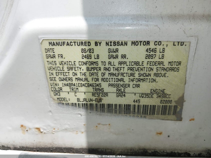 2004 Nissan Maxima 3.5 Se VIN: 1N4BA41E84C846345 Lot: 45619278