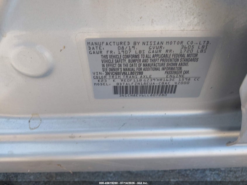 2020 Nissan Versa Sv Xtronic Cvt VIN: 3N1CN8EV6LL807280 Lot: 45619280