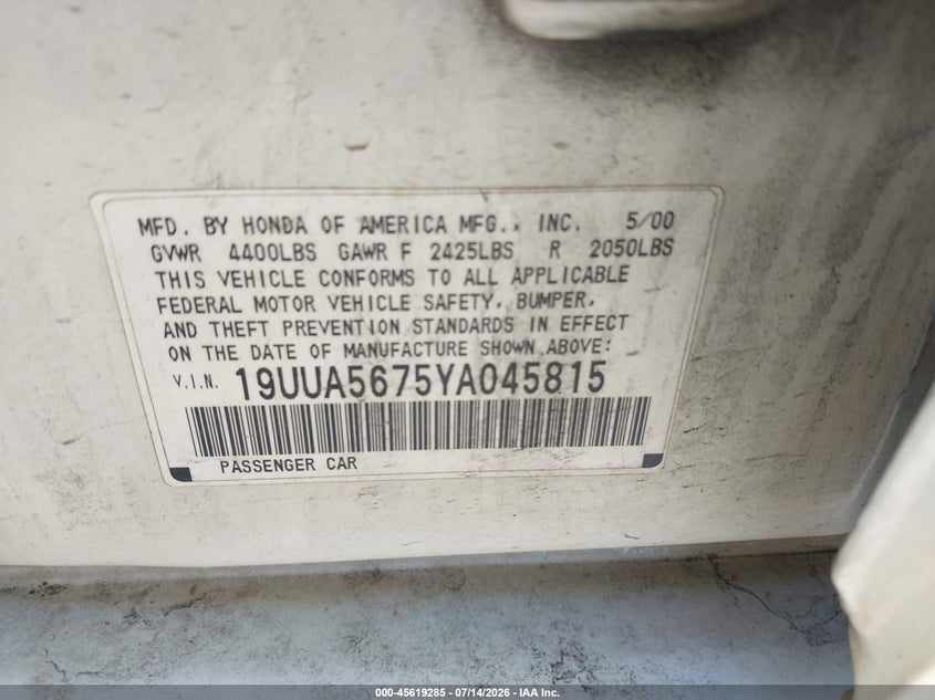 2000 Acura Tl 3.2 VIN: 19UUA5675YA045815 Lot: 45619285