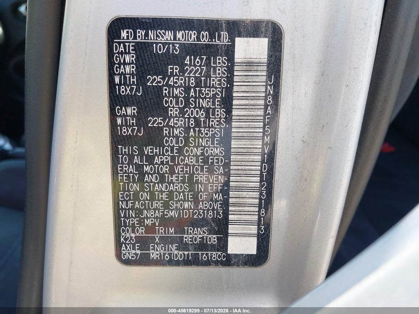 2013 Nissan Juke Nismo VIN: JN8AF5MV1DT231813 Lot: 45619299