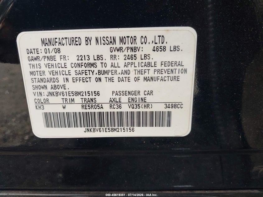 2008 Infiniti G35 Journey VIN: JNKBV61E58M215156 Lot: 45619351