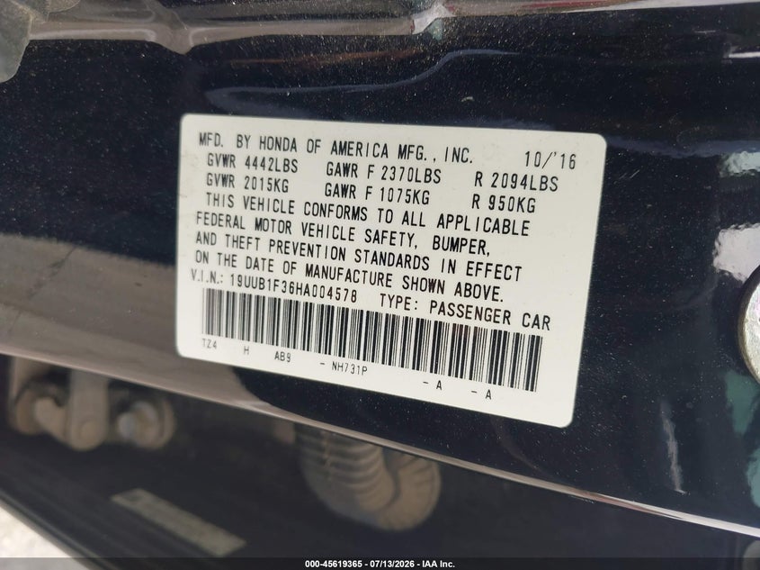 2017 Acura Tlx VIN: 19UUB1F36HA004578 Lot: 45619365