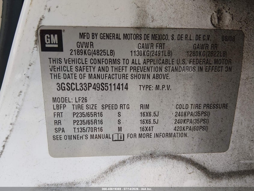 2009 Saturn Vue Xe VIN: 3GSCL33P49S511414 Lot: 45619369