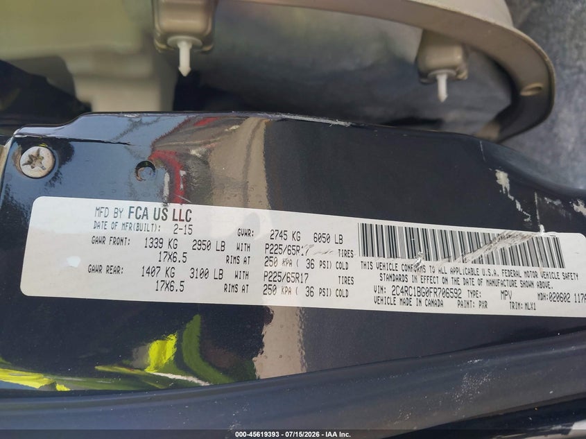 2015 Chrysler Town & Country Touring VIN: 2C4RC1BG0FR706592 Lot: 45619393