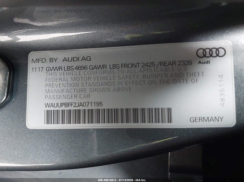 2018 Audi A3 E-Tron 1.4T Premium/1.4T Tech Premium VIN: WAUUPBFF2JA071195 Lot: 45619412