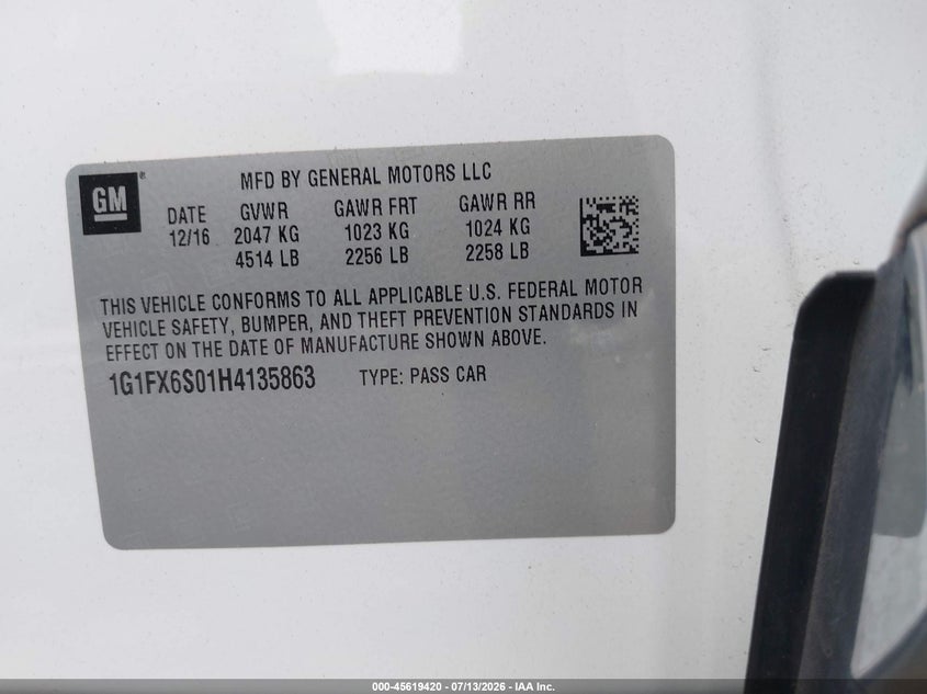 2017 Chevrolet Bolt Ev Premier VIN: 1G1FX6S01H4135863 Lot: 45619420