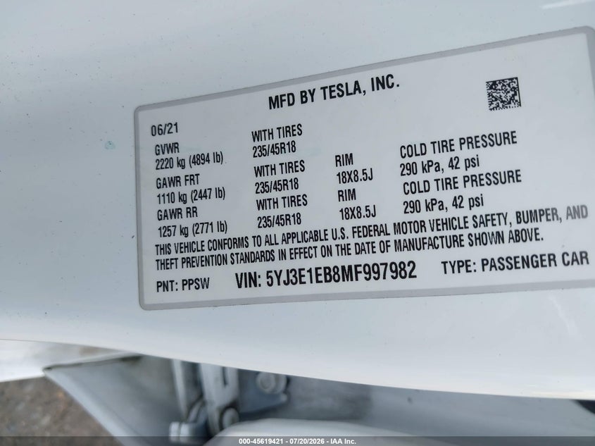 2021 Tesla Model 3 Long Range Dual Motor All-Wheel Drive VIN: 5YJ3E1EB8MF997982 Lot: 45619421