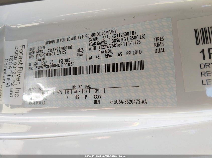 2022 Ford E-350 Cutaway VIN: 1FDWE3FN6NDC01851 Lot: 45619441