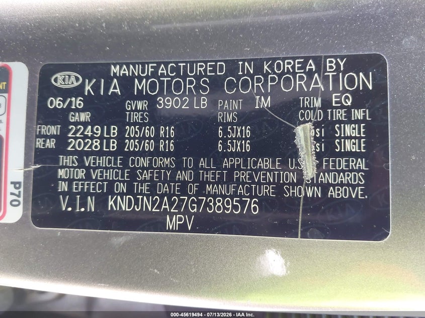 2016 Kia Soul VIN: KNDJN2A27G7389576 Lot: 45619494