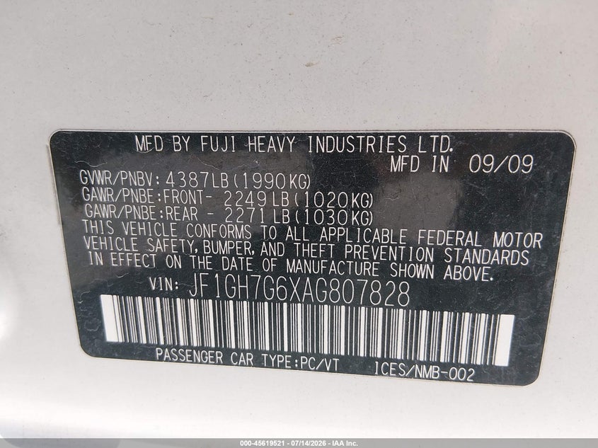 2010 Subaru Impreza Wrx VIN: JF1GH7G6XAG807828 Lot: 45619521