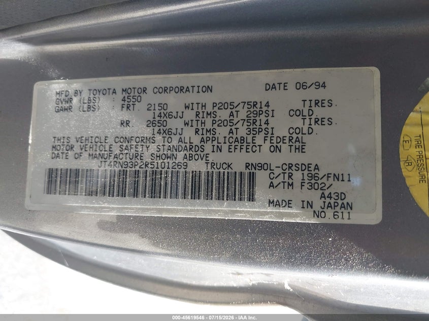 1994 Toyota Pickup 1/2 Ton Ex Lng Whlbase/Dx VIN: JT4RN93P2R5101269 Lot: 45619546